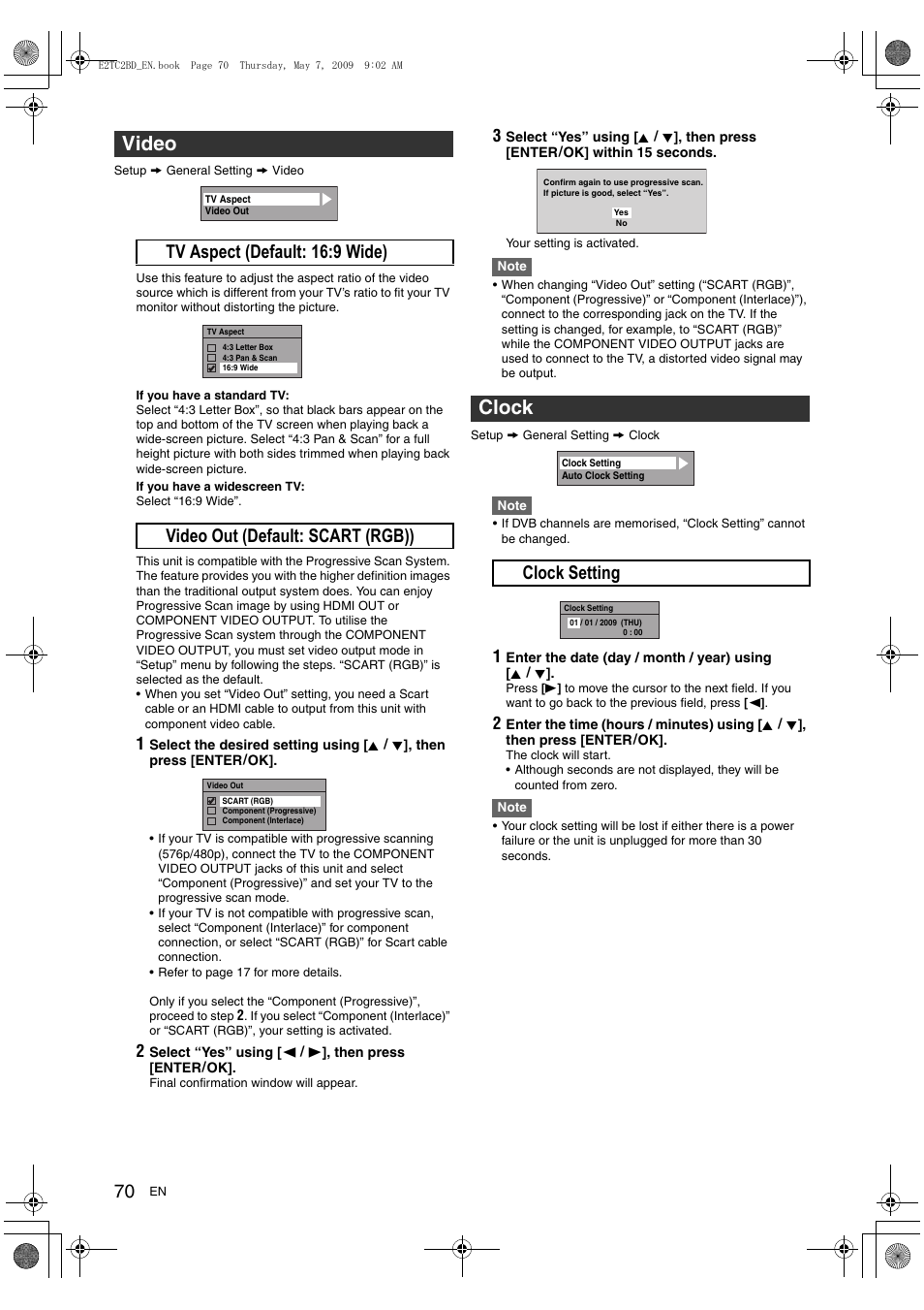 Video, Clock, A clock setting | Toshiba RD99 User Manual | Page 70 / 80