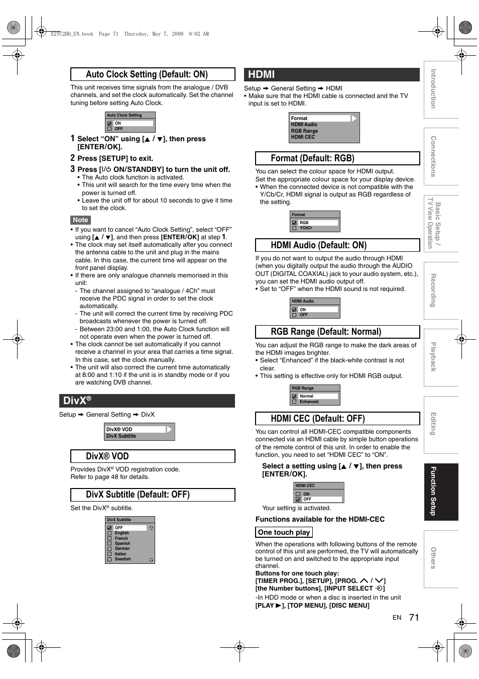 Divx, Hdmi, B auto clock setting (default: on) | A divx® vod b divx subtitle (default: off) | Toshiba RD99 User Manual | Page 71 / 80
