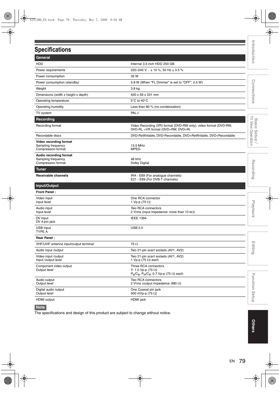 Specifications | Toshiba RD99 User Manual | Page 79 / 80