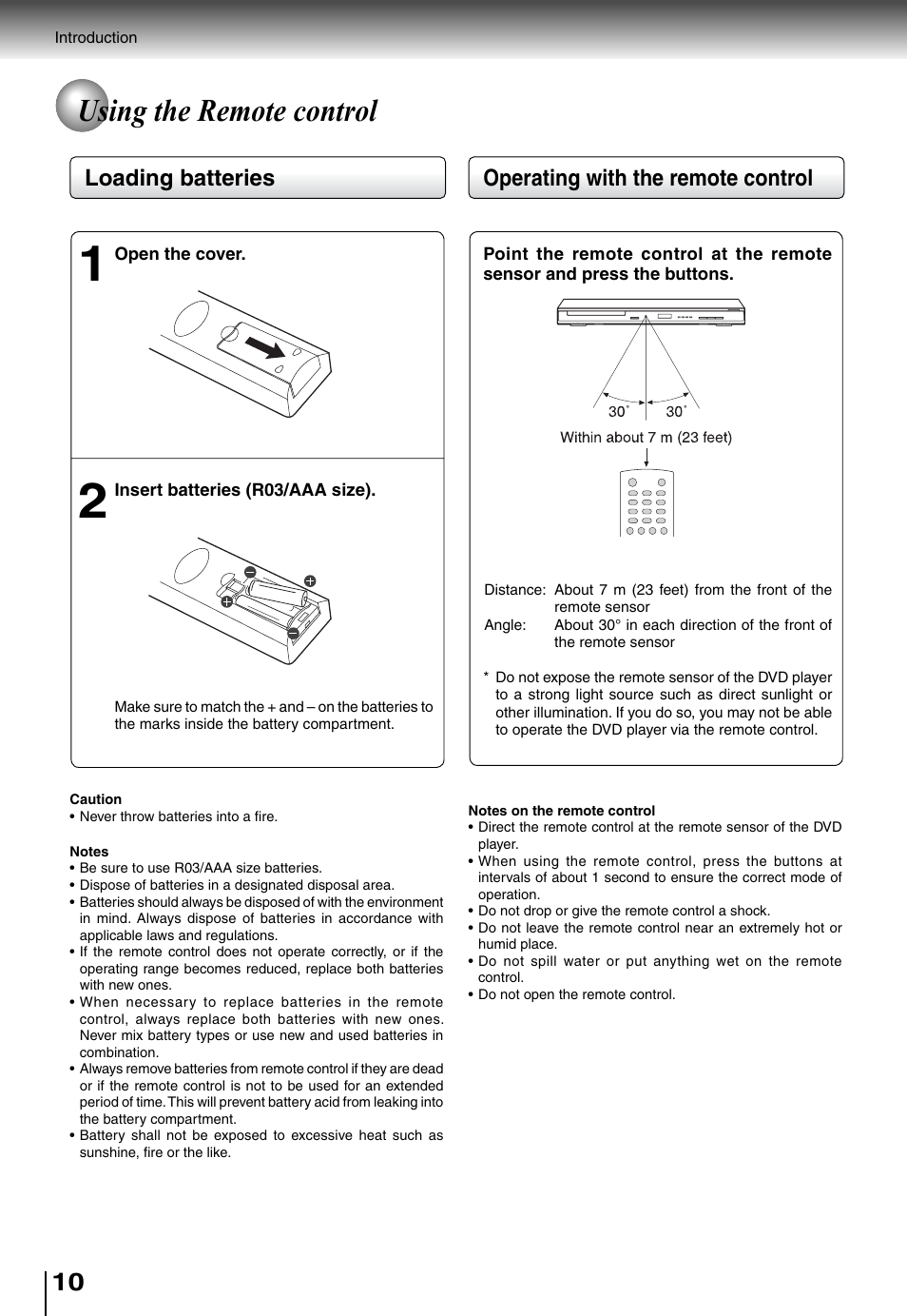 Using the remote control, Operating with the remote control, Loading batteries | Toshiba SD4010 User Manual | Page 10 / 28