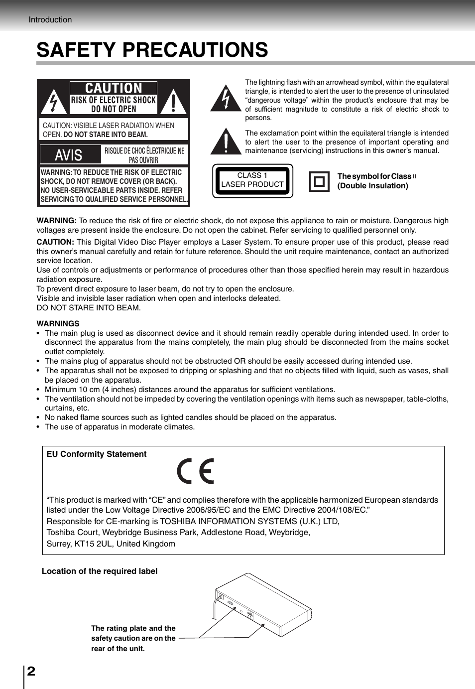 Safety precautions, Avis | Toshiba SD4010 User Manual | Page 2 / 28