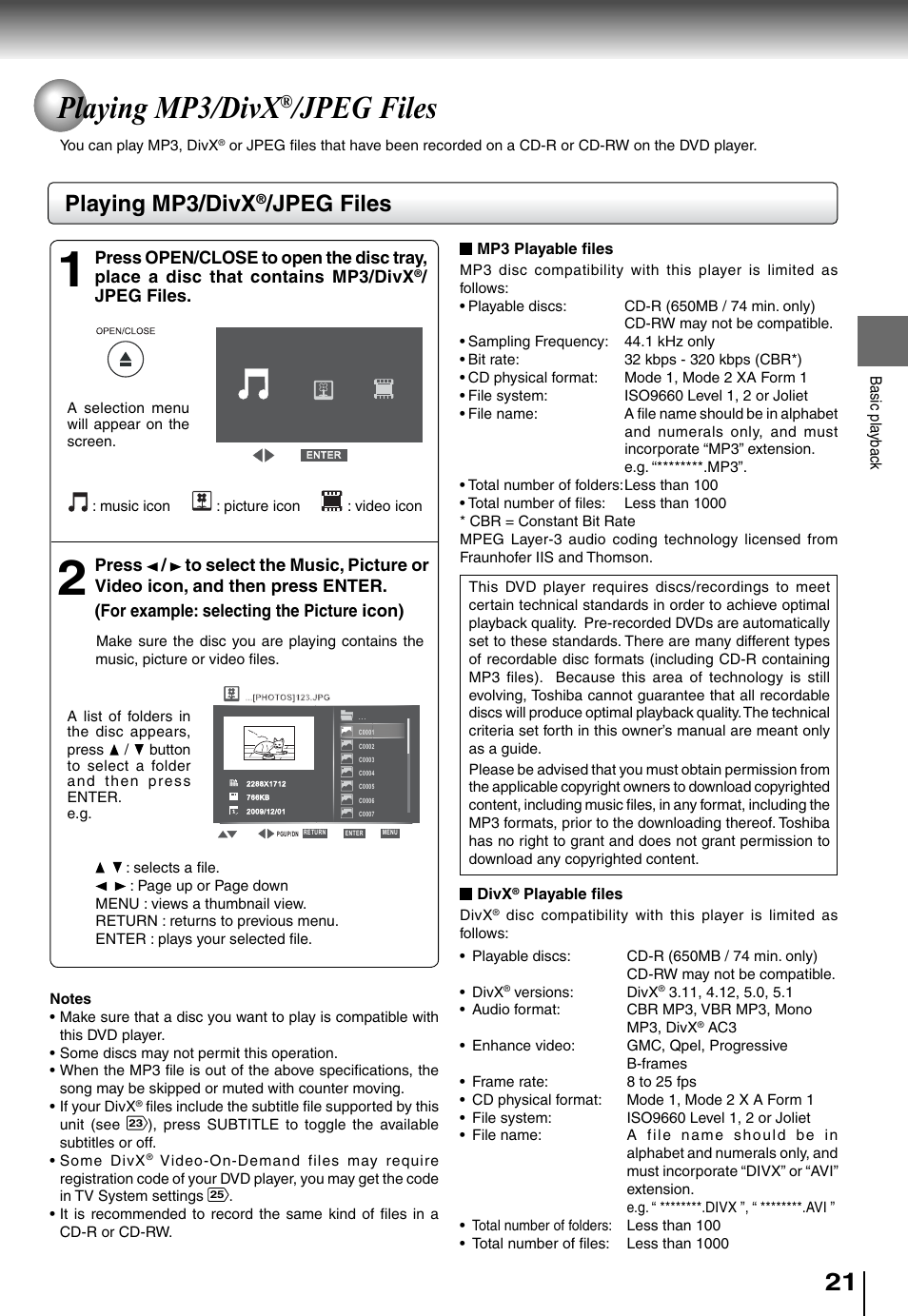 Playing mp3/divx, Jpeg files | Toshiba SD4010 User Manual | Page 21 / 28