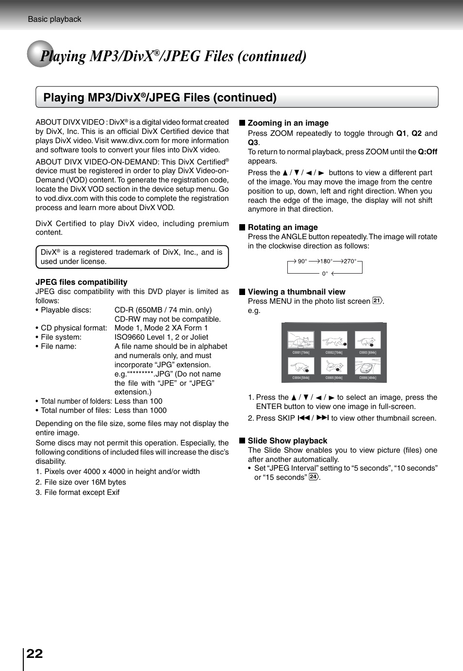 Playing mp3/divx, Jpeg files (continued) | Toshiba SD4010 User Manual | Page 22 / 28