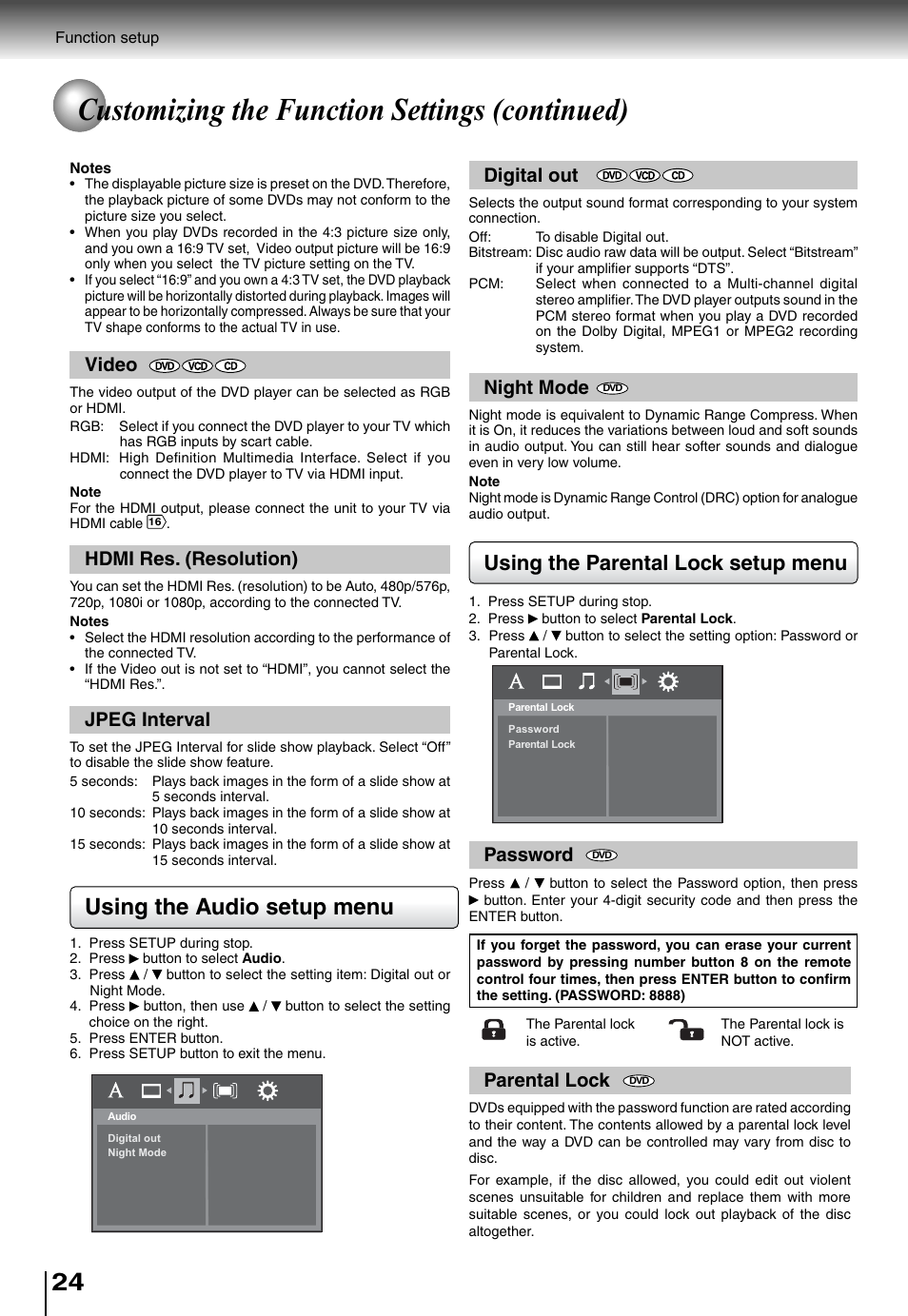 Customizing the function settings (continued), Using the audio setup menu, Using the parental lock setup menu | Parental lock, Password, Night mode, Digital out, Hdmi res. (resolution), Jpeg interval, Video | Toshiba SD4010 User Manual | Page 24 / 28