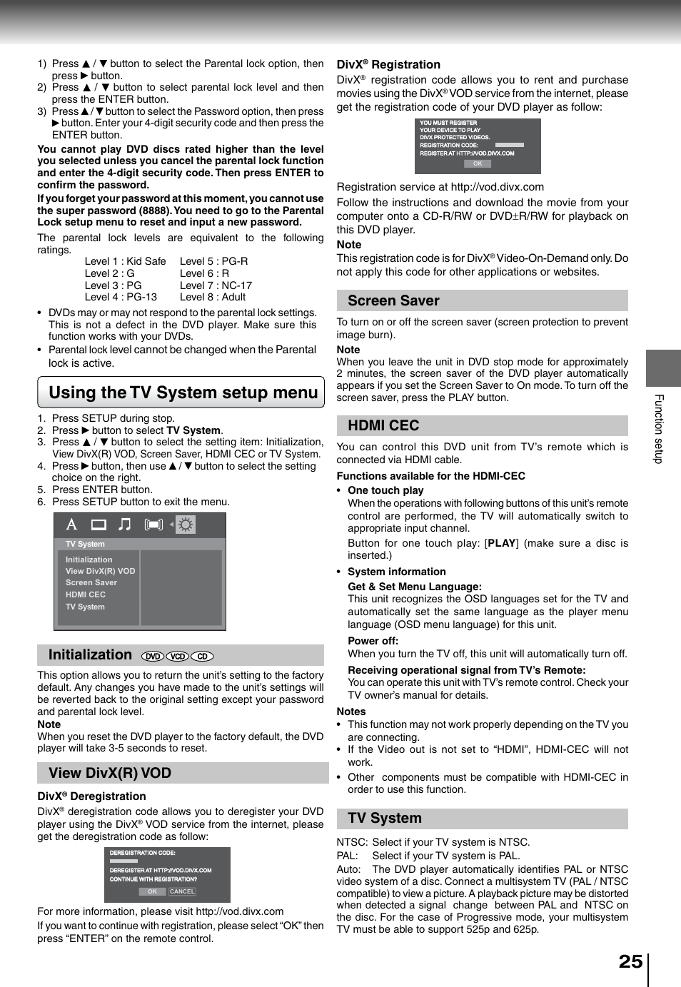 Using the tv system setup menu, Tv system hdmi cec, Screen saver | Initialization, View divx(r) vod | Toshiba SD4010 User Manual | Page 25 / 28