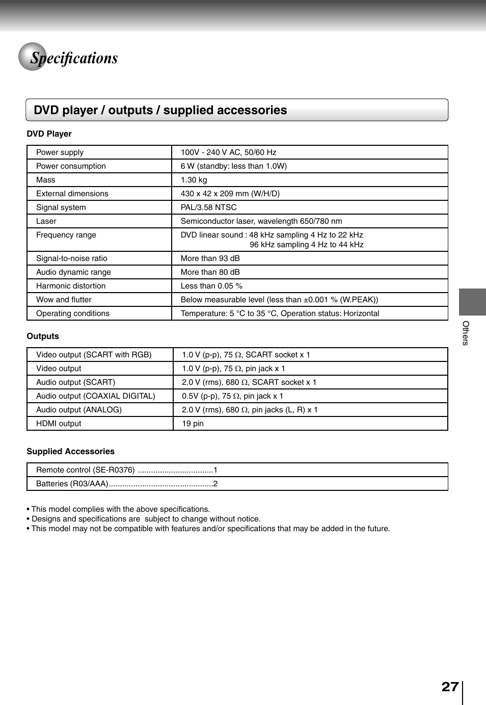 Specifi cations, Dvd player / outputs / supplied accessories | Toshiba SD4010 User Manual | Page 27 / 28