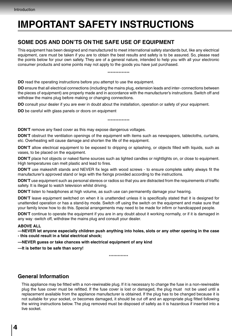 Important safety instructions, General information, Some dos and don’ts on the safe use of equipment | Toshiba SD4010 User Manual | Page 4 / 28