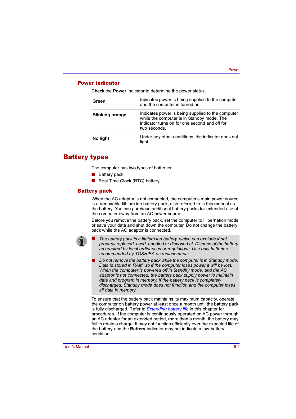 Power indicator, Battery types, Battery pack | Power indicator -4, Battery types -4, Battery pack -4 | Toshiba Qosmio F10 User Manual | Page 102 / 214
