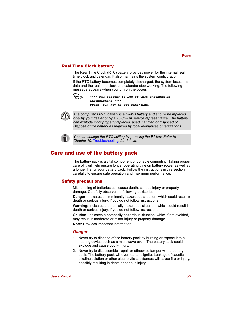 Real time clock battery, Care and use of the battery pack, Safety precautions | Real time clock battery -5, Care and use of the battery pack -5, Safety precautions -5 | Toshiba Qosmio F10 User Manual | Page 103 / 214