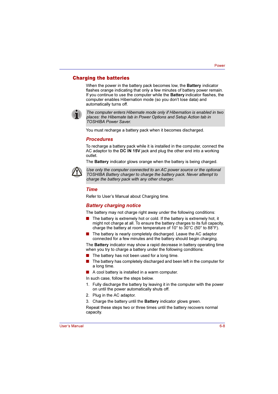 Charging the batteries, Charging the batteries -8 | Toshiba Qosmio F10 User Manual | Page 106 / 214