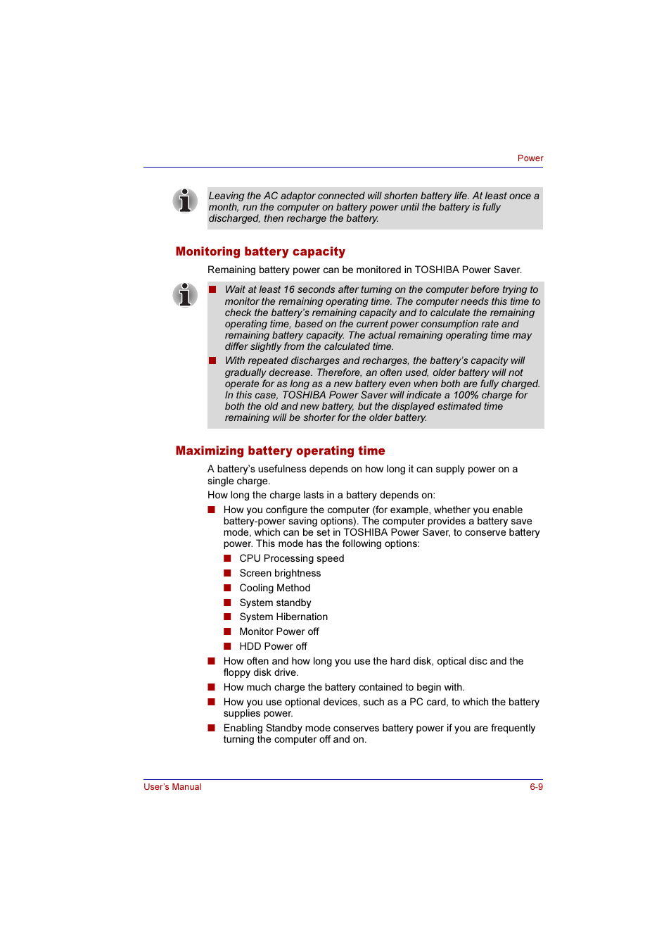 Monitoring battery capacity, Maximizing battery operating time | Toshiba Qosmio F10 User Manual | Page 107 / 214