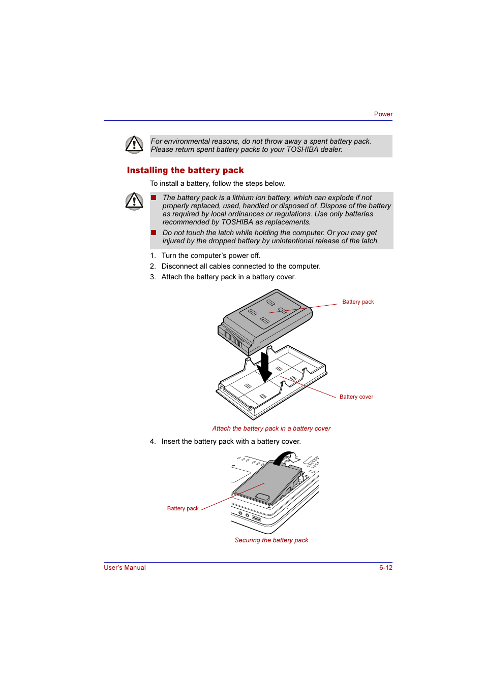 Installing the battery pack, Installing the battery pack -12 | Toshiba Qosmio F10 User Manual | Page 110 / 214