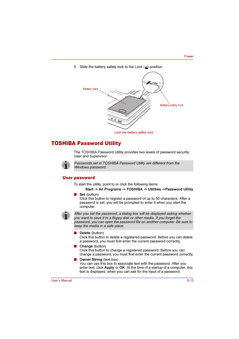 Toshiba password utility, User password, Toshiba password utility -13 | User password -13 | Toshiba Qosmio F10 User Manual | Page 111 / 214