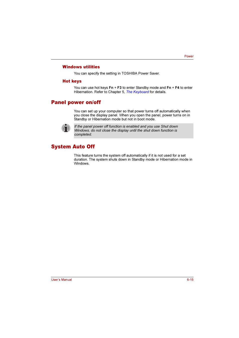 Windows utilities, Hot keys, Panel power on/off | System auto off, Windows utilities -15 hot keys -15, Panel power on/off -15 system auto off -15 | Toshiba Qosmio F10 User Manual | Page 113 / 214