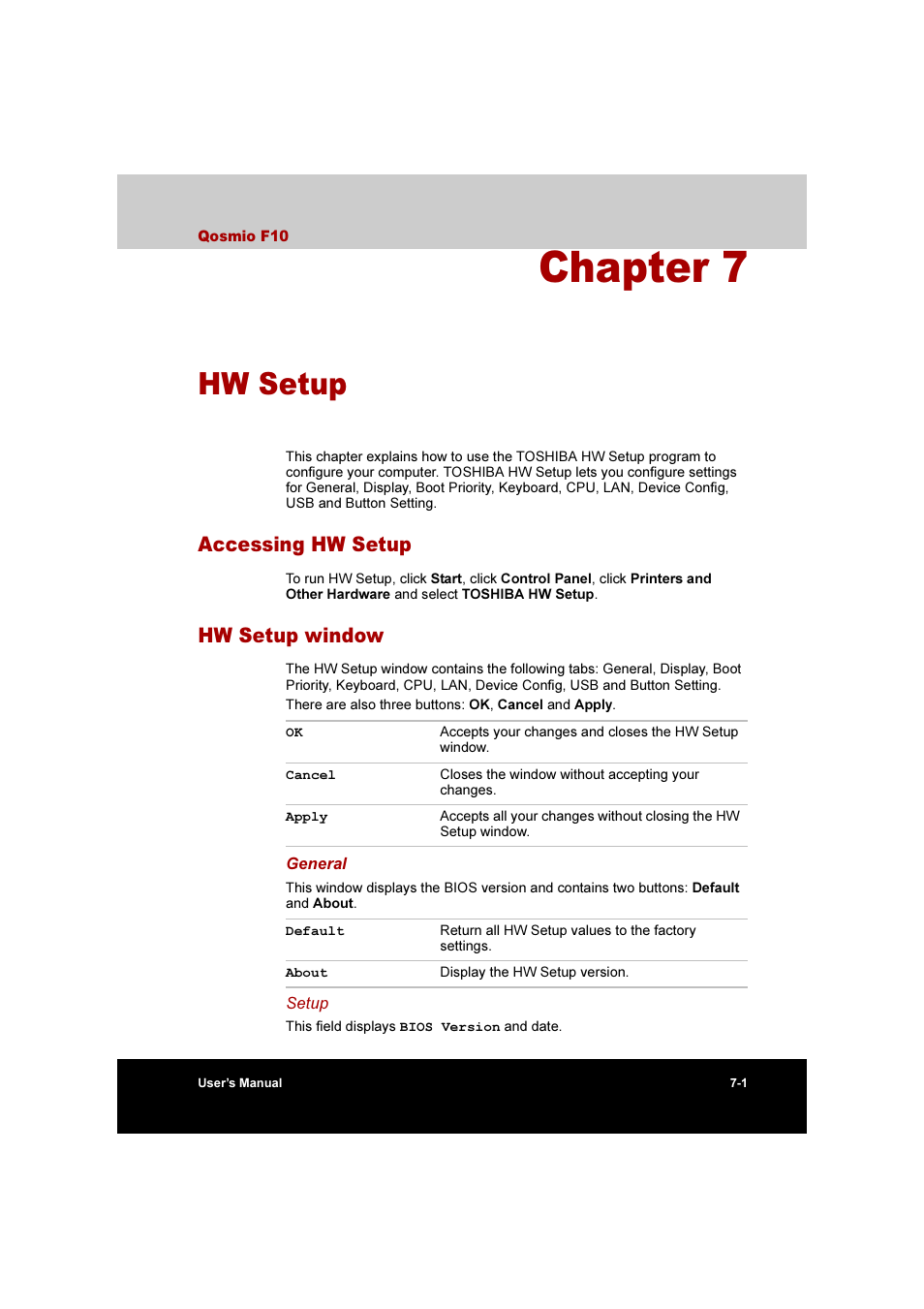 Chapter 7: hw setup, Accessing hw setup, Hw setup window | Accessing hw setup -1 hw setup window -1, Hw setup, Chapter 7 | Toshiba Qosmio F10 User Manual | Page 114 / 214