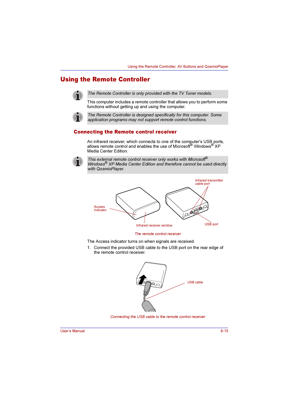 Using the remote controller, Connecting the remote control receiver, Using the remote controller -15 | Connecting the remote control receiver -15, Using the remote, Controller | Toshiba Qosmio F10 User Manual | Page 134 / 214