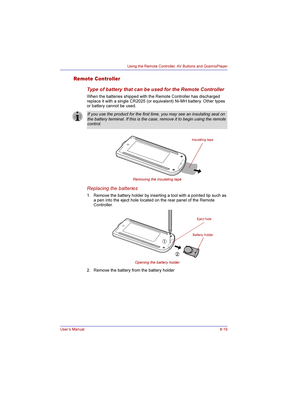 Remote controller, Remote controller -19 | Toshiba Qosmio F10 User Manual | Page 138 / 214