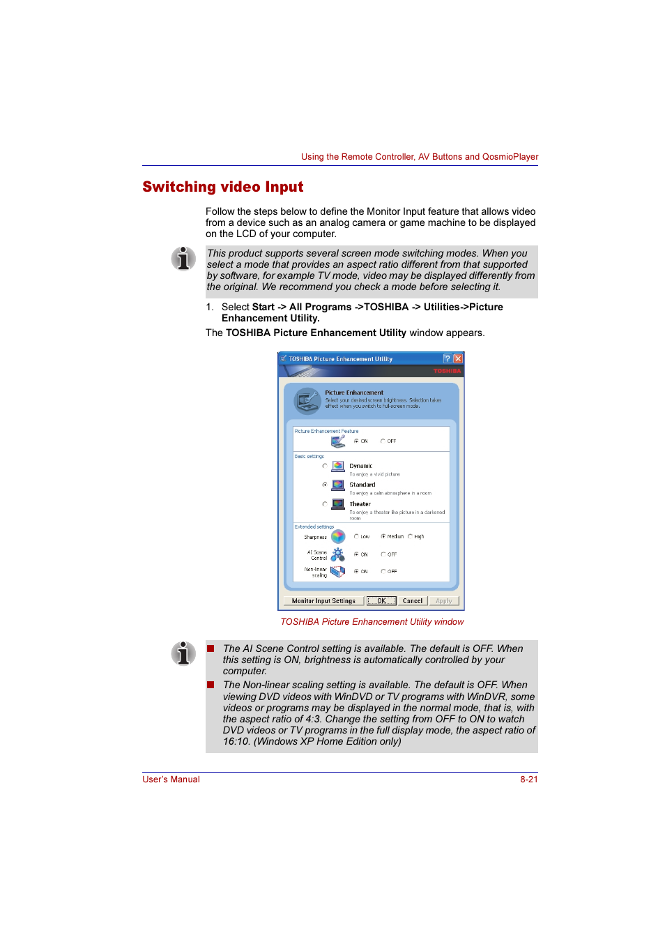 Switching video input, Switching video input -21 | Toshiba Qosmio F10 User Manual | Page 140 / 214