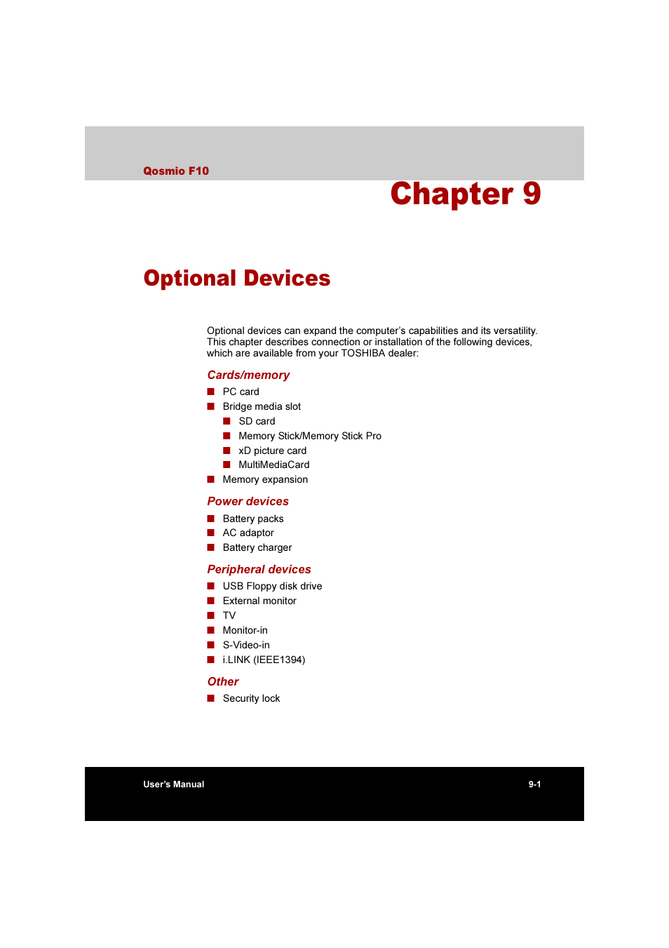 Chapter 9: optional devices, Optional devices, Chapter 9 | Toshiba Qosmio F10 User Manual | Page 142 / 214