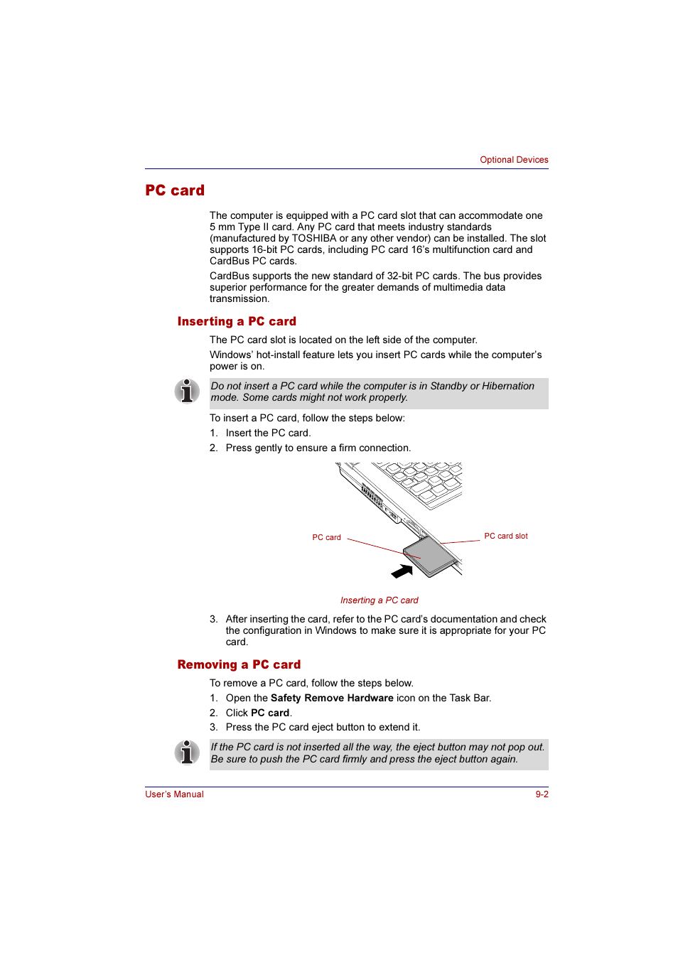 Pc card, Inserting a pc card, Removing a pc card | Pc card -2, Inserting a pc card -2 removing a pc card -2 | Toshiba Qosmio F10 User Manual | Page 143 / 214