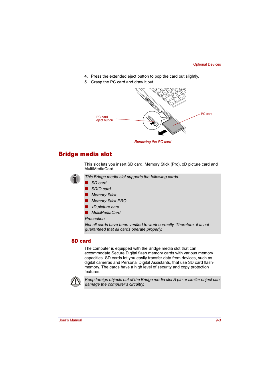 Bridge media slot, Sd card, Bridge media slot -3 | Sd card -3 | Toshiba Qosmio F10 User Manual | Page 144 / 214