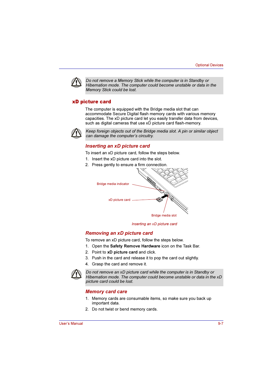 Xd picture card, Xd picture card -7 | Toshiba Qosmio F10 User Manual | Page 148 / 214