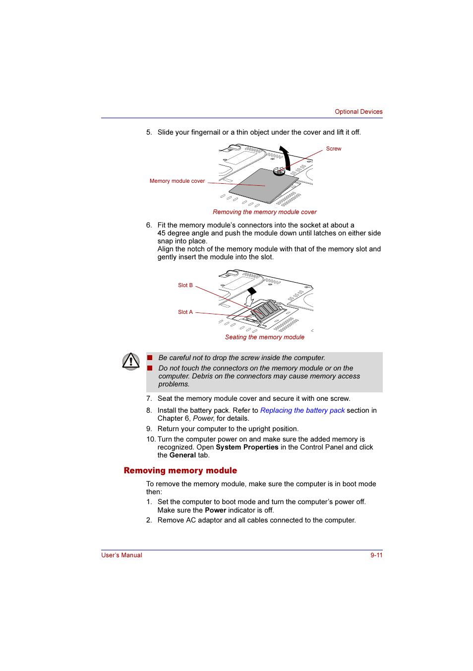 Removing memory module, Removing memory module -11 | Toshiba Qosmio F10 User Manual | Page 152 / 214