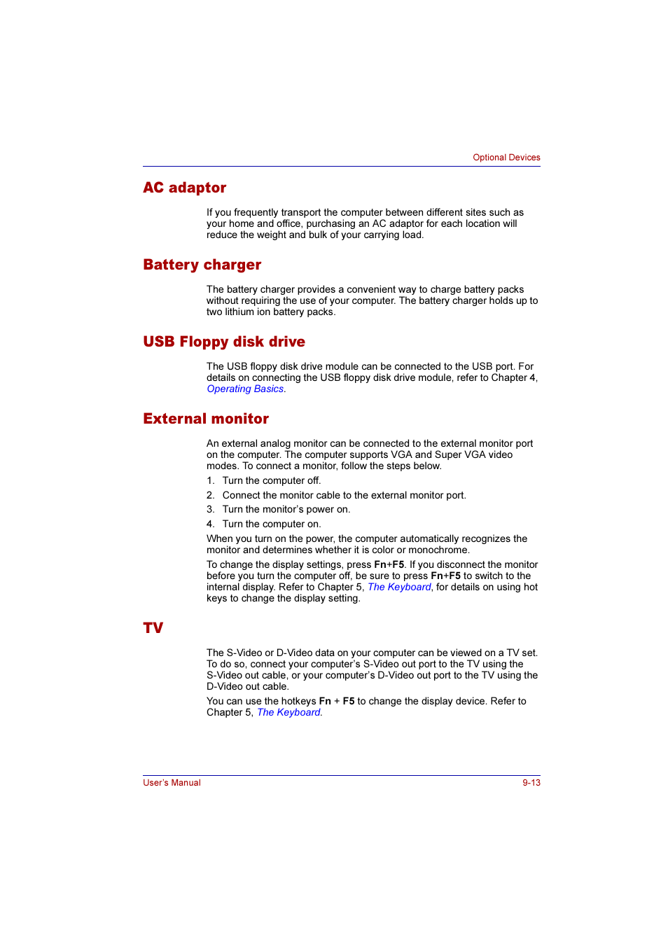 Ac adaptor, Battery charger, Usb floppy disk drive | External monitor | Toshiba Qosmio F10 User Manual | Page 154 / 214