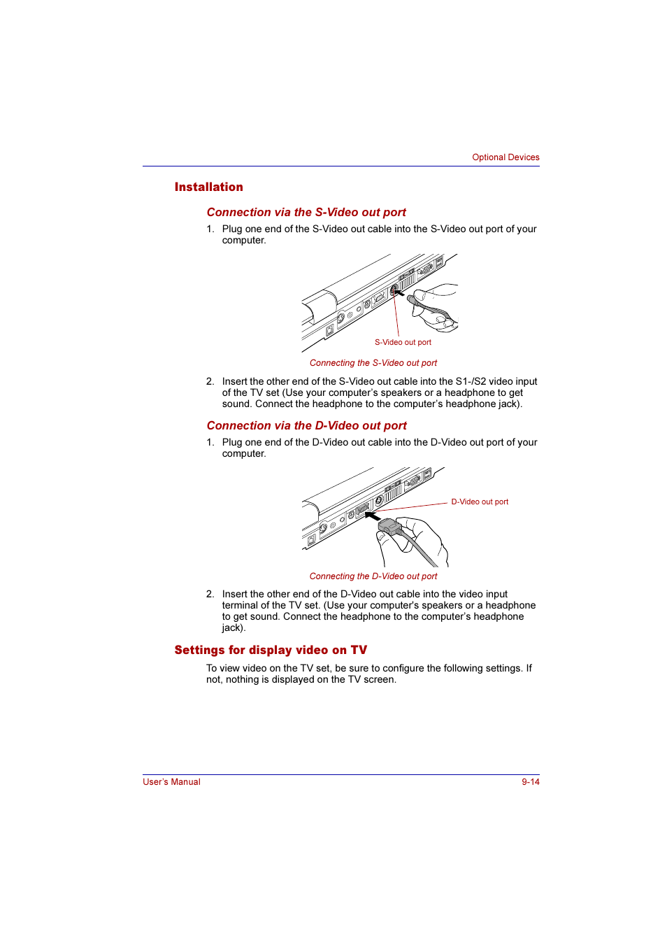 Installation, Settings for display video on tv | Toshiba Qosmio F10 User Manual | Page 155 / 214