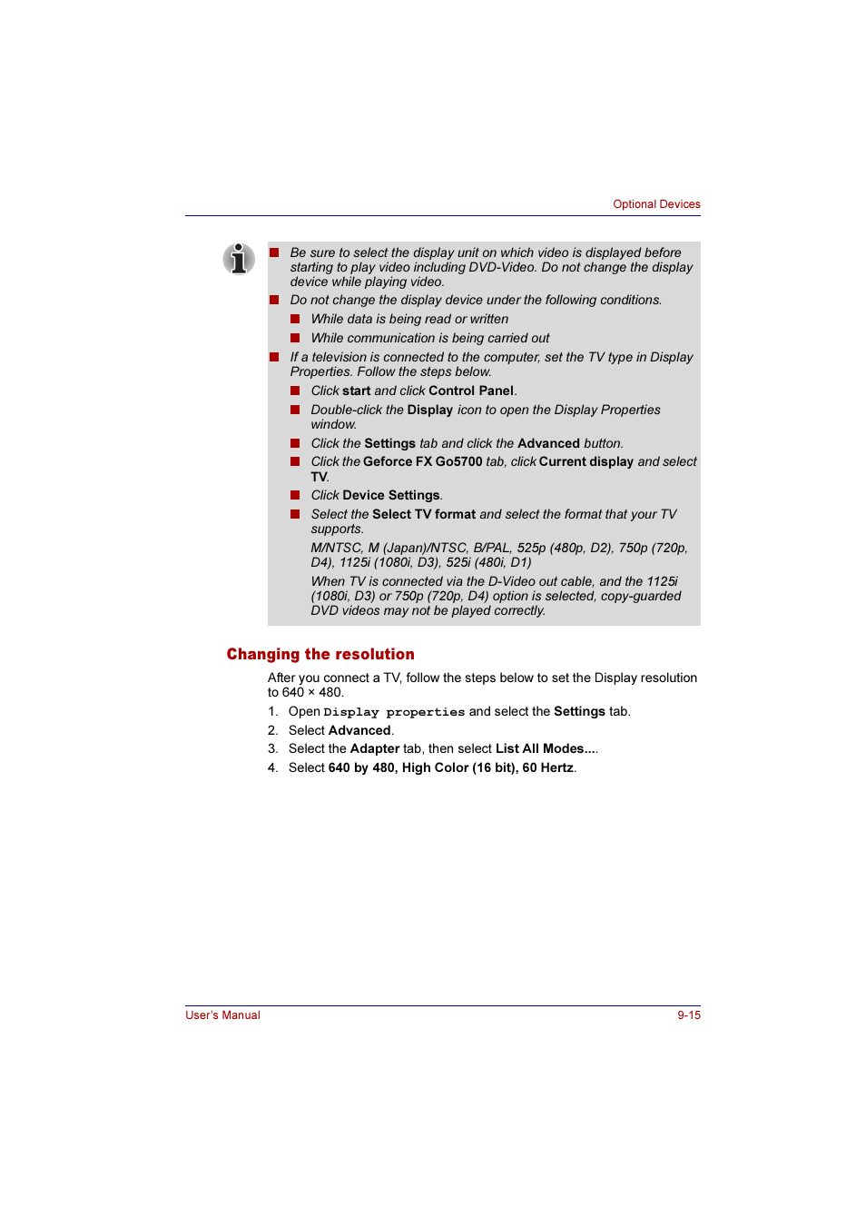 Changing the resolution, Changing the resolution -15 | Toshiba Qosmio F10 User Manual | Page 156 / 214