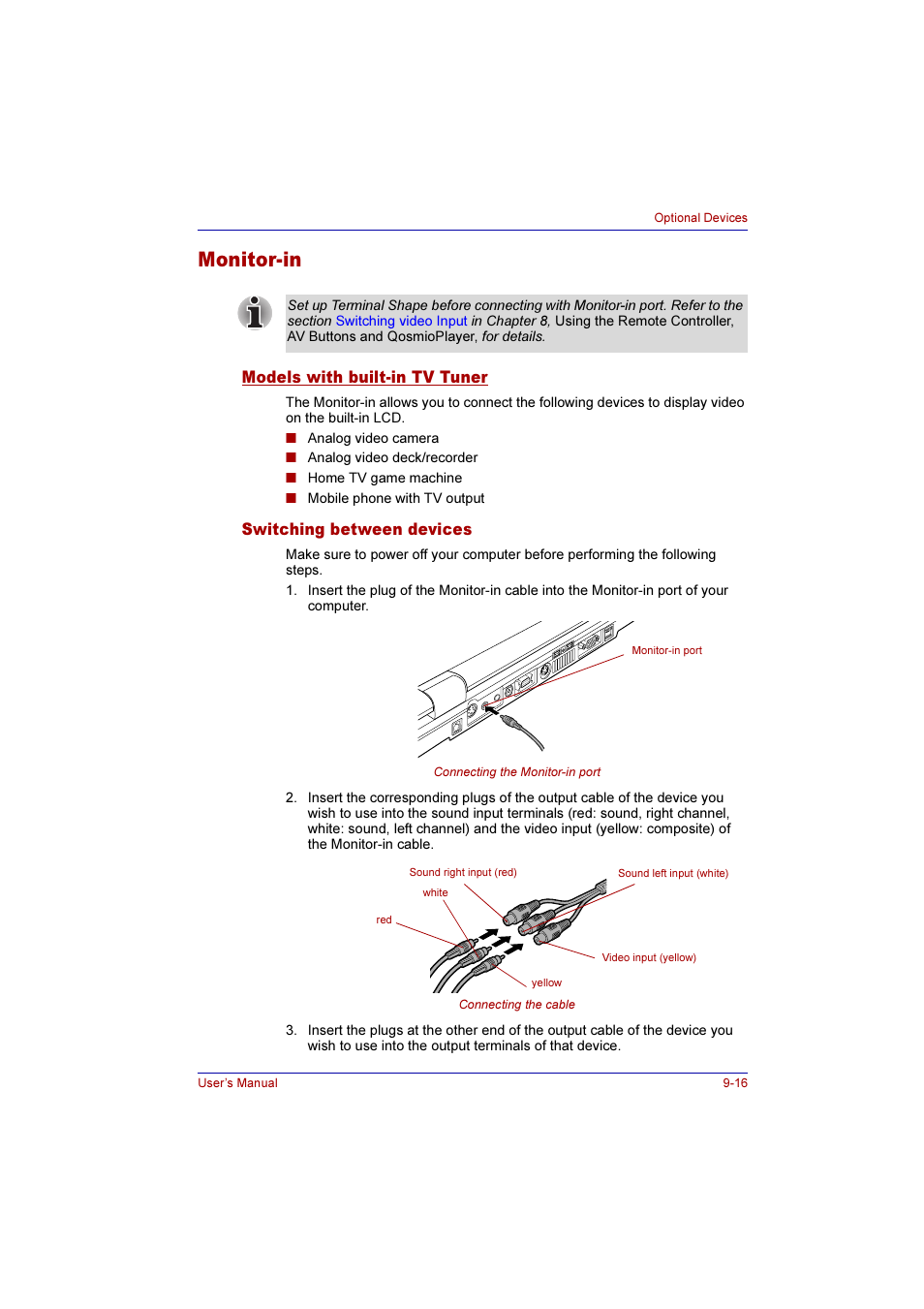 Monitor-in, Models with built-in tv tuner, Switching between devices | Monitor-in -16 | Toshiba Qosmio F10 User Manual | Page 157 / 214