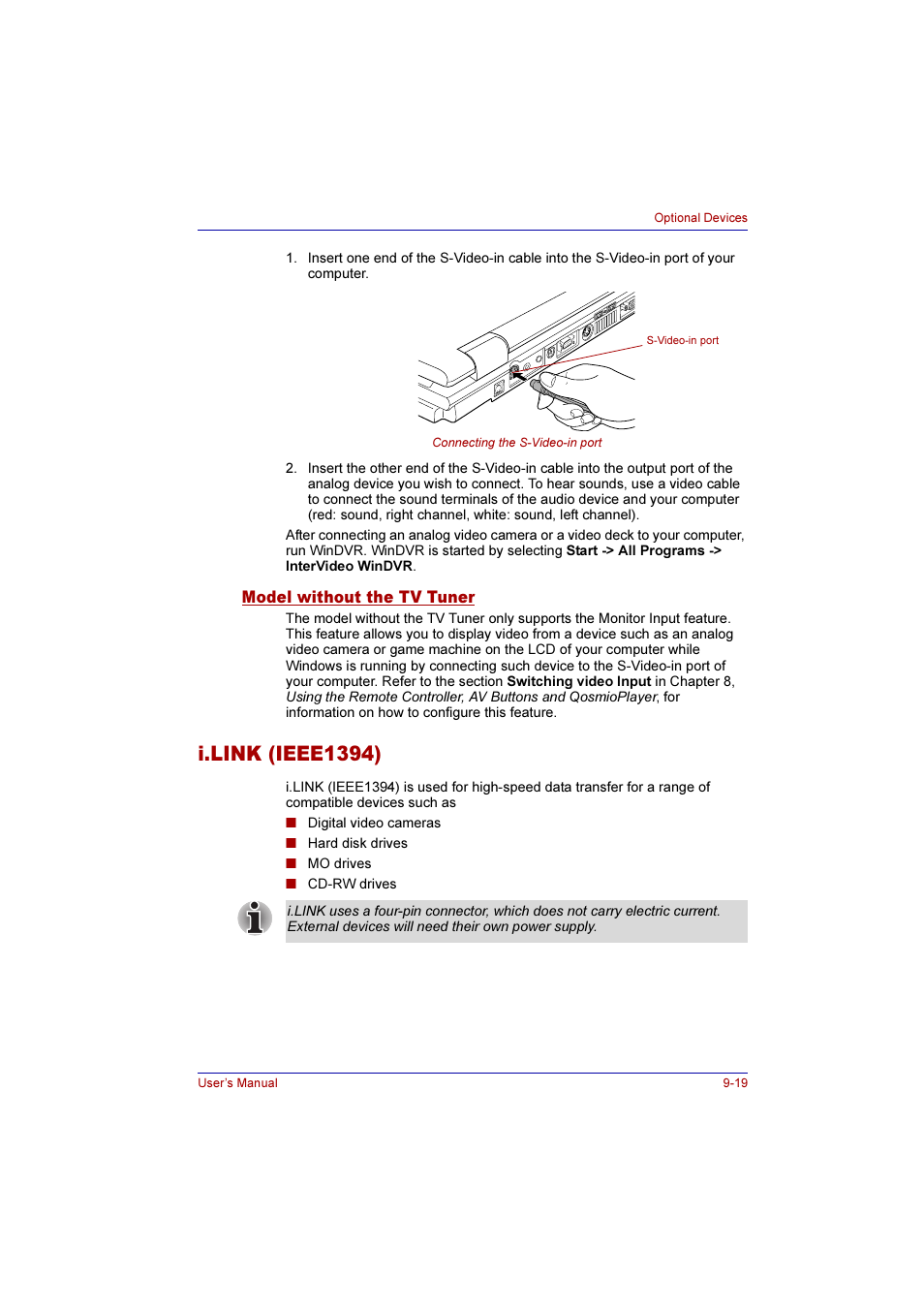 Model without the tv tuner, I.link (ieee1394), Model without the tv tuner -19 | I.link (ieee1394) -19 | Toshiba Qosmio F10 User Manual | Page 160 / 214