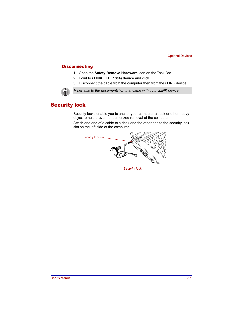Disconnecting, Security lock, Disconnecting -21 | Security lock -21 | Toshiba Qosmio F10 User Manual | Page 162 / 214