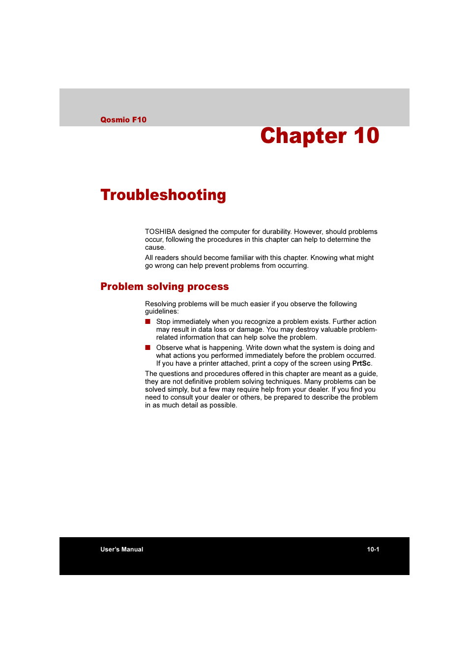 Chapter 10: troubleshooting, Problem solving process, Problem solving process -1 | Troubleshooting, Chapter 10 | Toshiba Qosmio F10 User Manual | Page 163 / 214