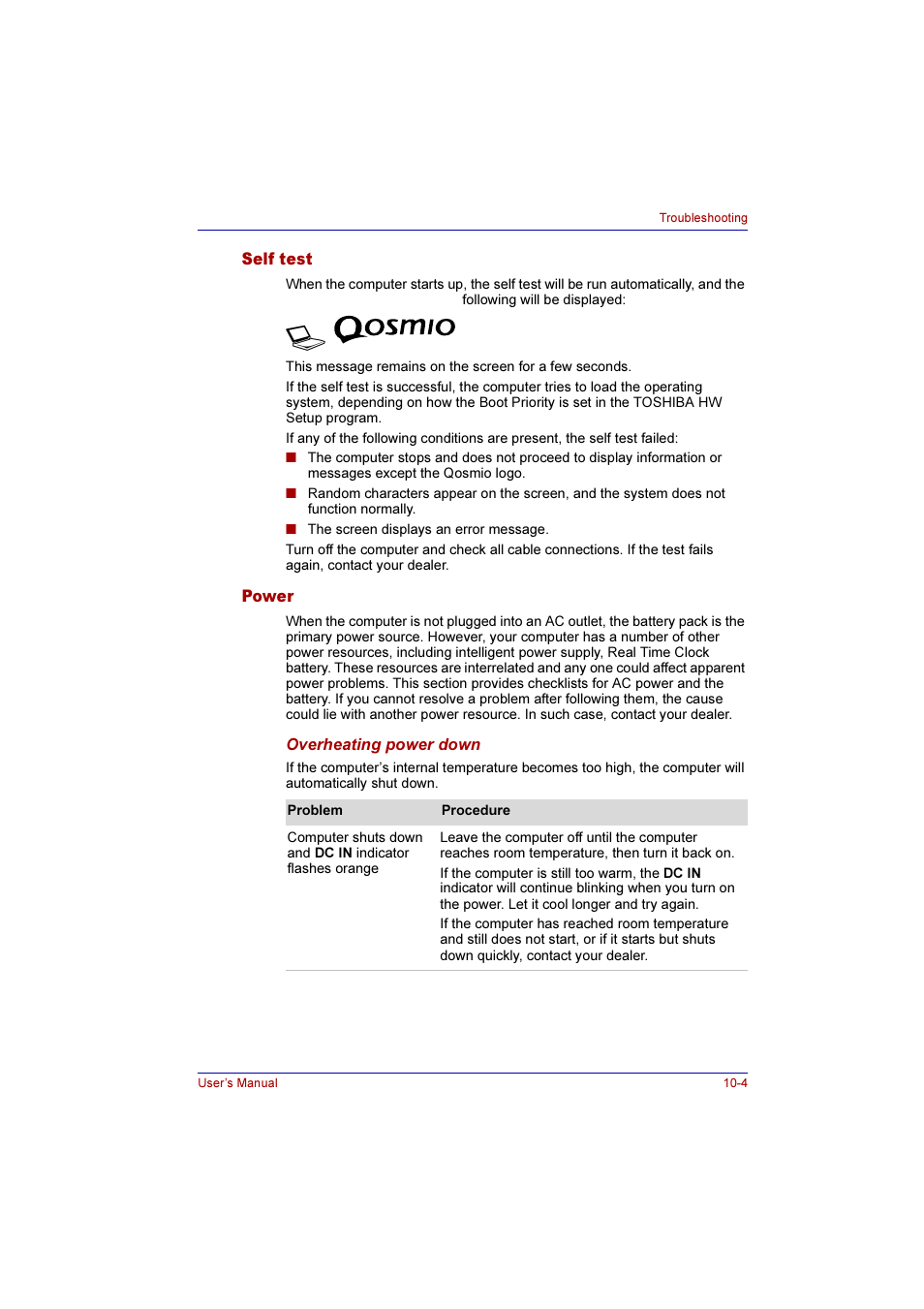 Self test, Power, Self test -4 power -4 | Toshiba Qosmio F10 User Manual | Page 166 / 214