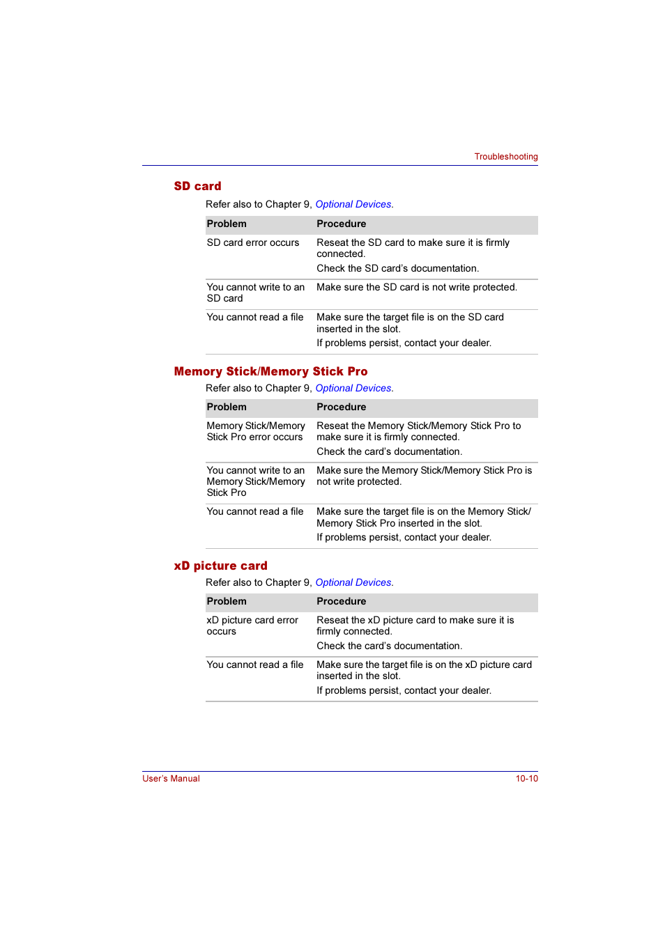 Sd card, Memory stick/memory stick pro, Xd picture card | Toshiba Qosmio F10 User Manual | Page 172 / 214