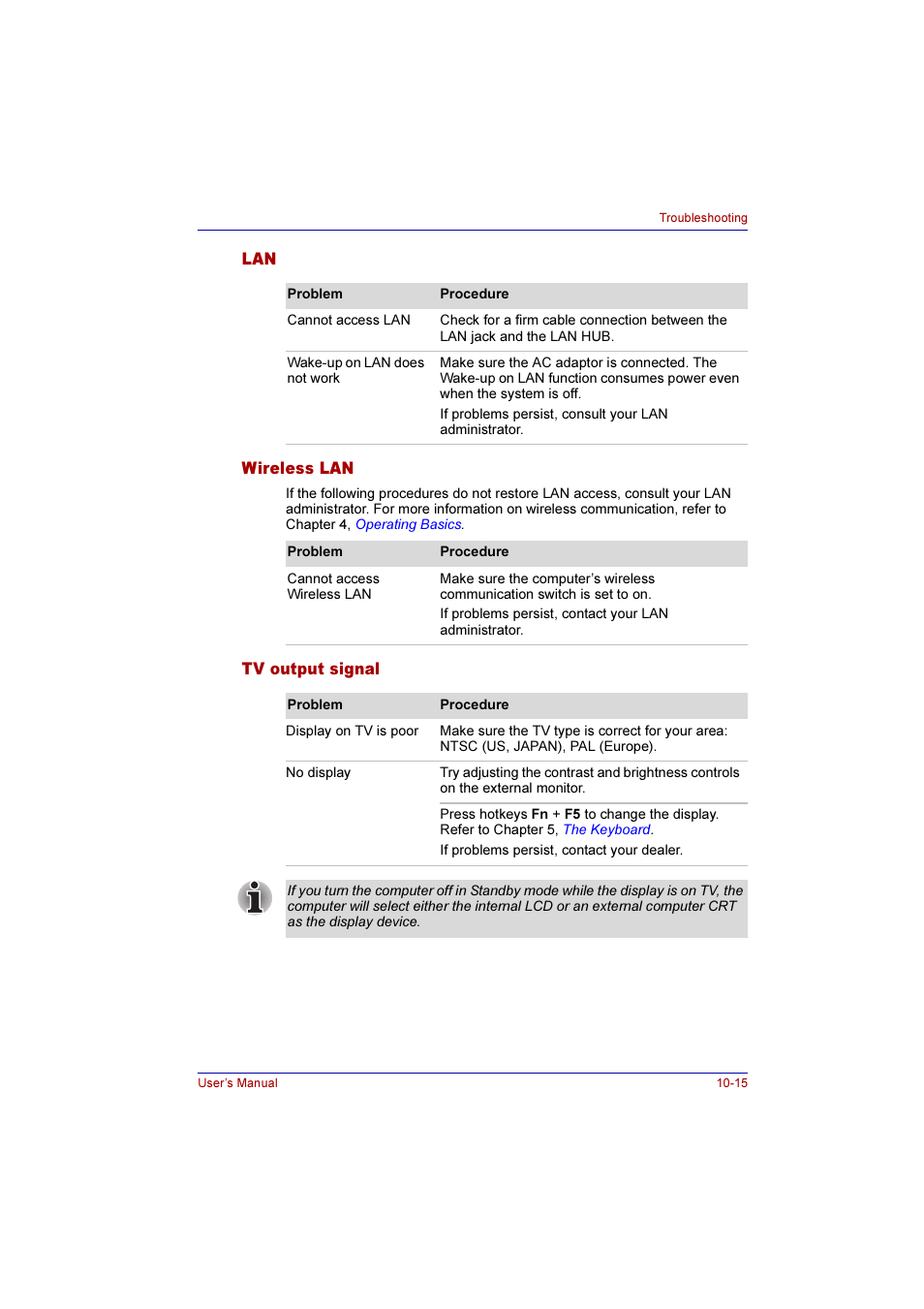 Wireless lan, Tv output signal, Lan -15 wireless lan -15 tv output signal -15 | Toshiba Qosmio F10 User Manual | Page 177 / 214