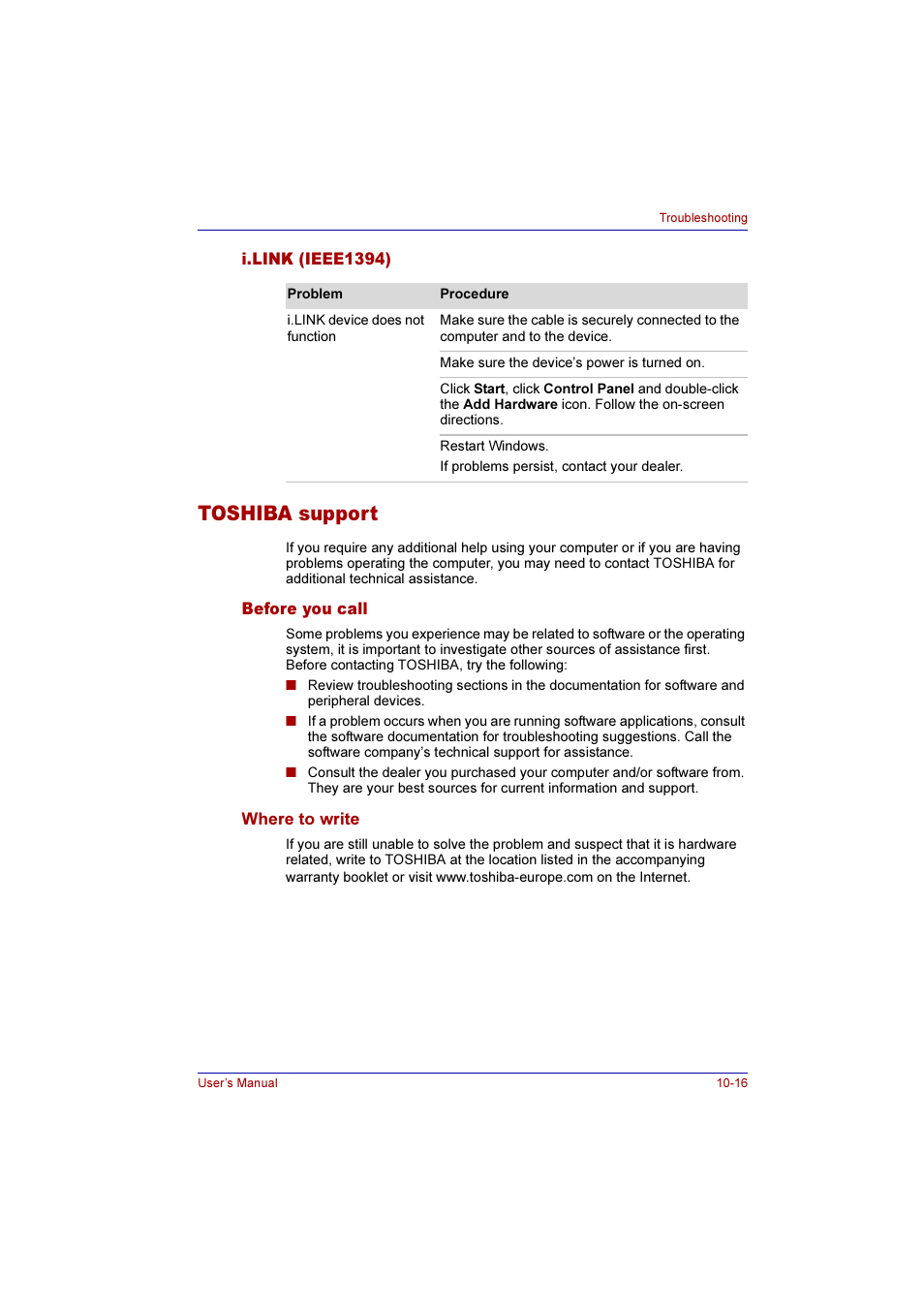 I.link (ieee1394), Toshiba support, Before you call | Where to write, I.link (ieee1394) -16, Toshiba support -16, Before you call -16 where to write -16 | Toshiba Qosmio F10 User Manual | Page 178 / 214