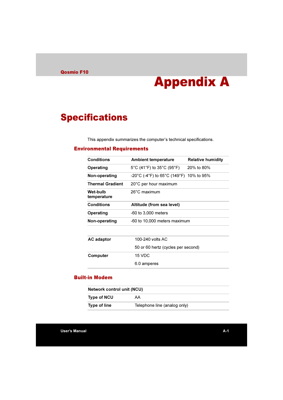 Appendix a: specifications, Appendixes, Appendix a | Specifications | Toshiba Qosmio F10 User Manual | Page 179 / 214