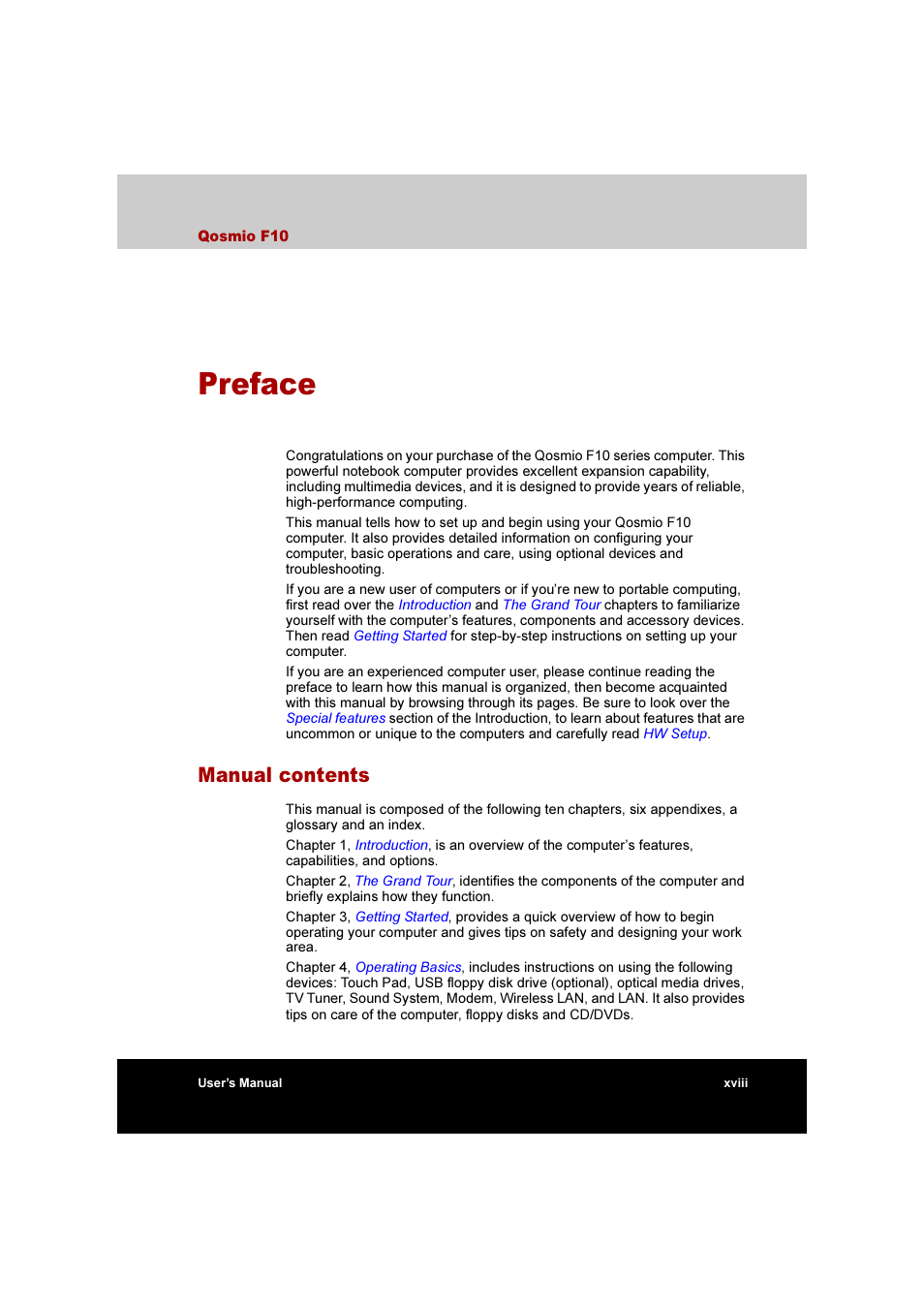 Preface, Manual contents | Toshiba Qosmio F10 User Manual | Page 18 / 214