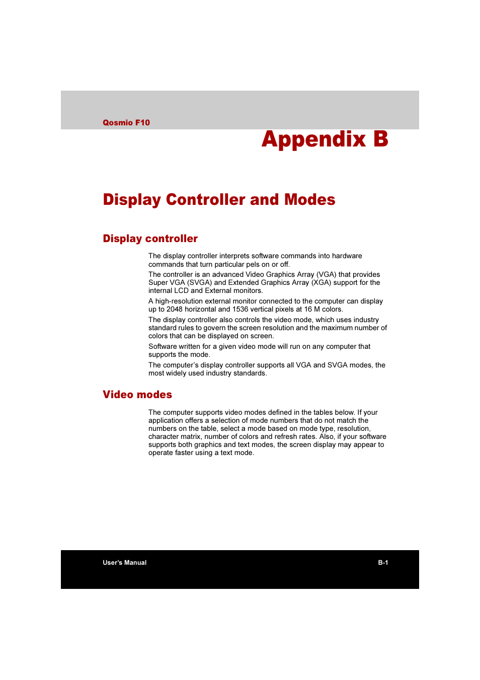 Appendix b: display controller and modes, Fer to, Display controller and | Modes, Appendix b, Display controller and modes | Toshiba Qosmio F10 User Manual | Page 181 / 214