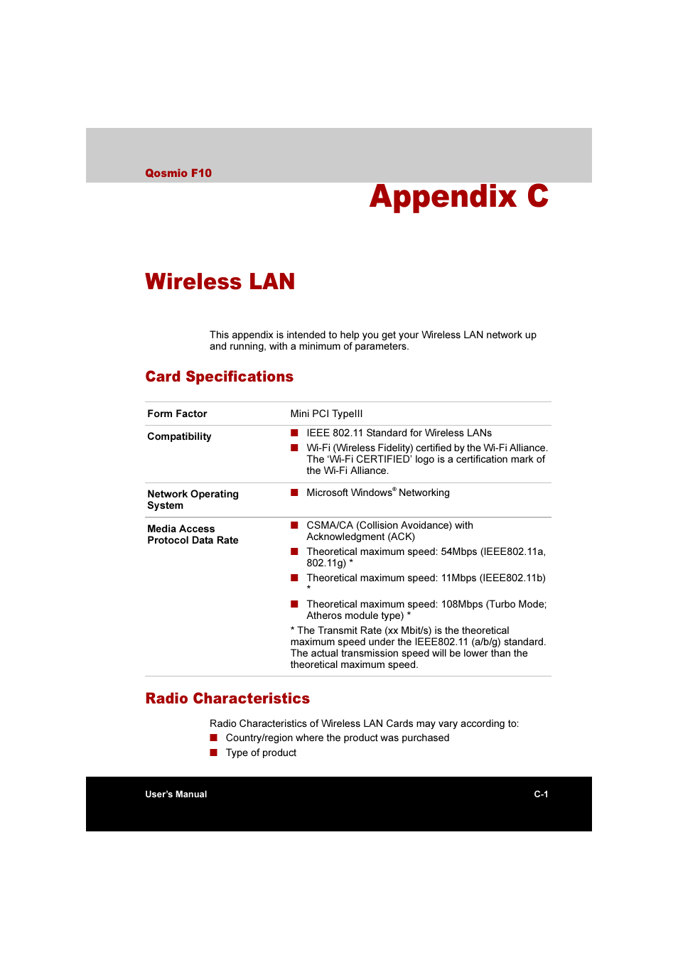 Appendix c: wireless lan, Appendix c, Wireless lan | Card specifications radio characteristics | Toshiba Qosmio F10 User Manual | Page 187 / 214