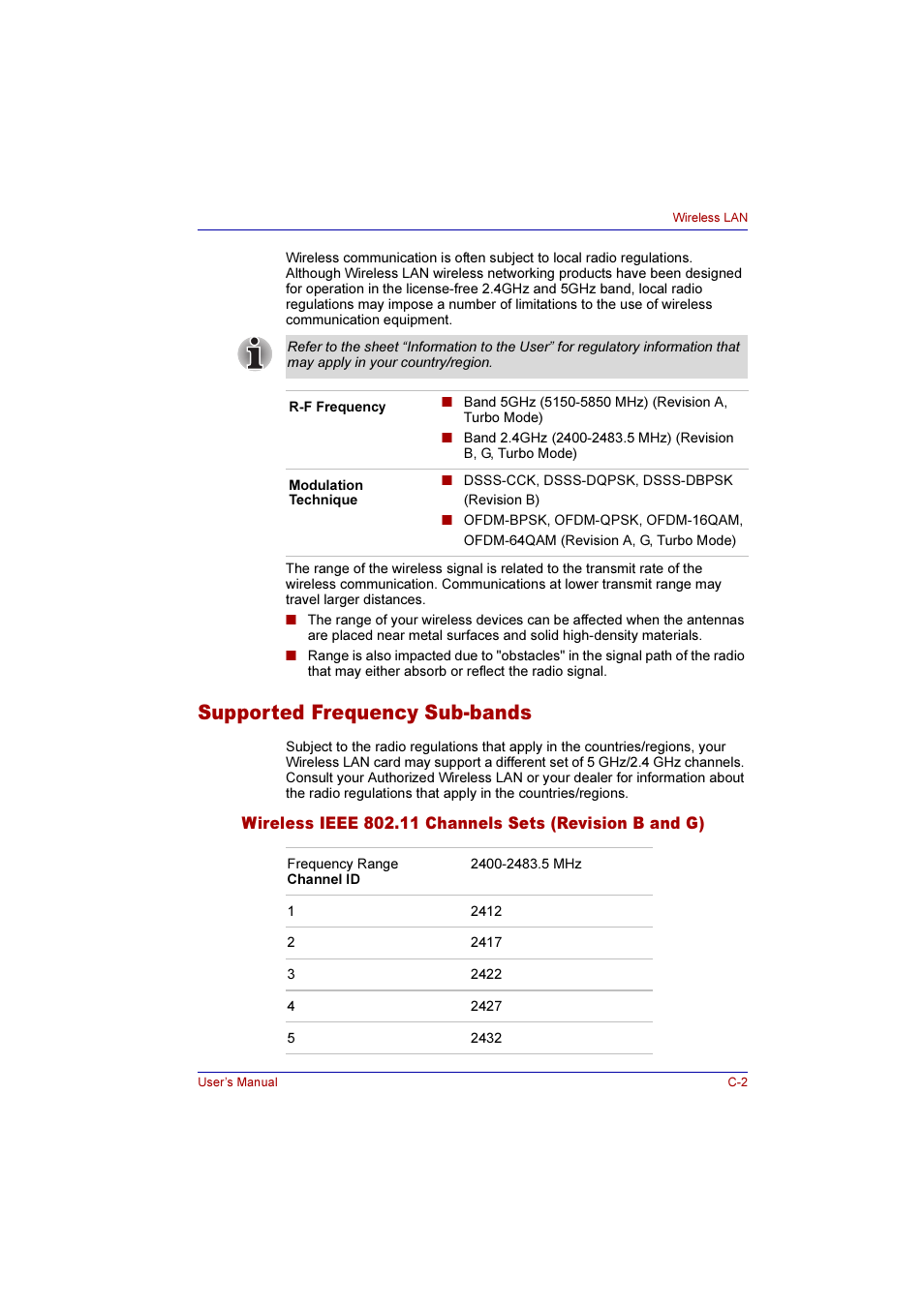 Supported frequency sub-bands | Toshiba Qosmio F10 User Manual | Page 188 / 214