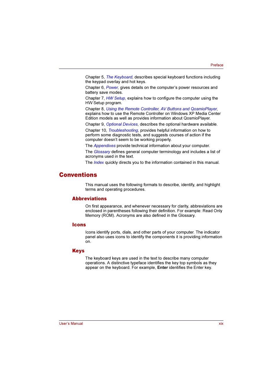 Conventions, Abbreviations, Icons | Keys | Toshiba Qosmio F10 User Manual | Page 19 / 214