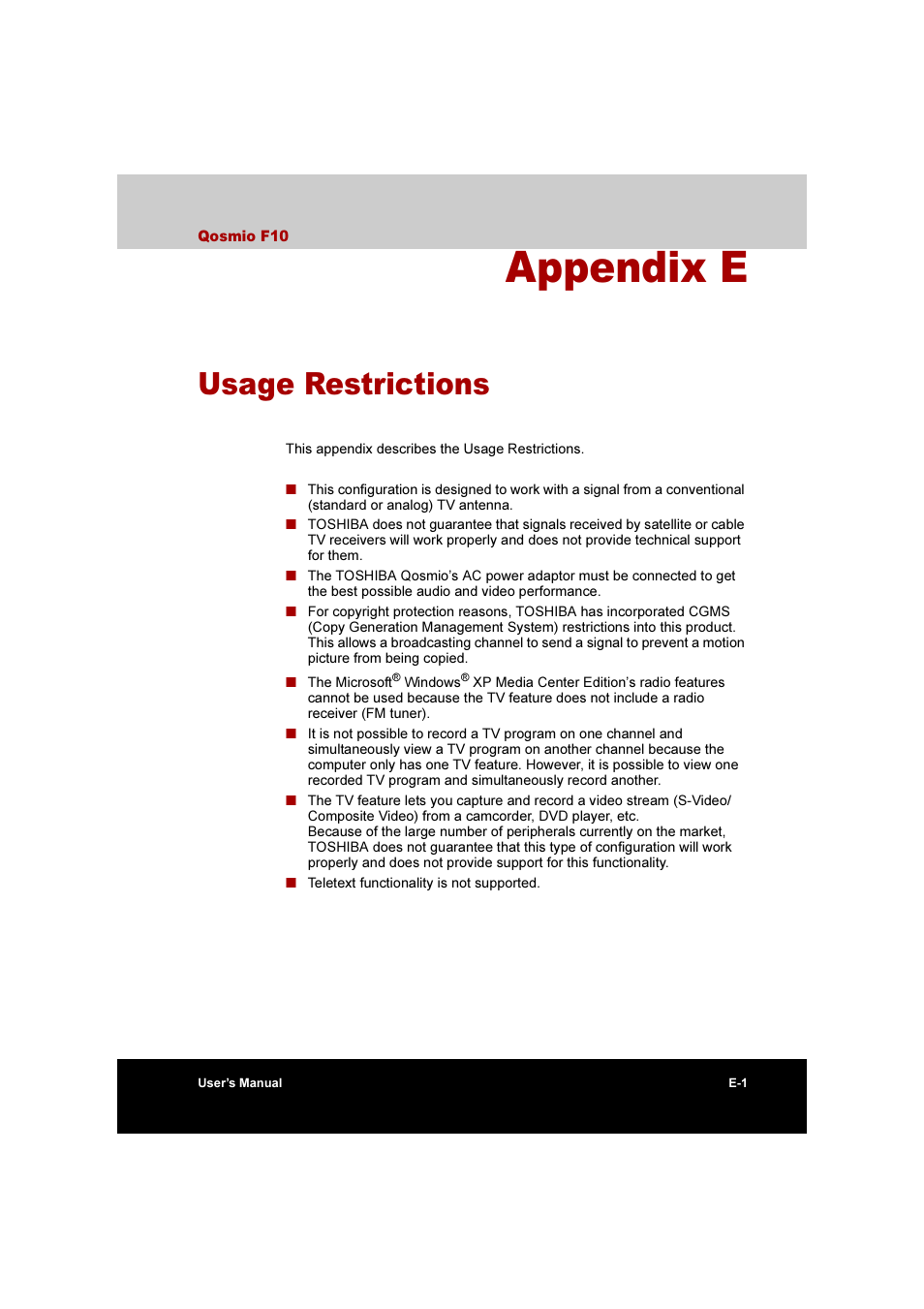 Appendix e: usage restrictions, Appendix e, Usage restrictions | Toshiba Qosmio F10 User Manual | Page 194 / 214