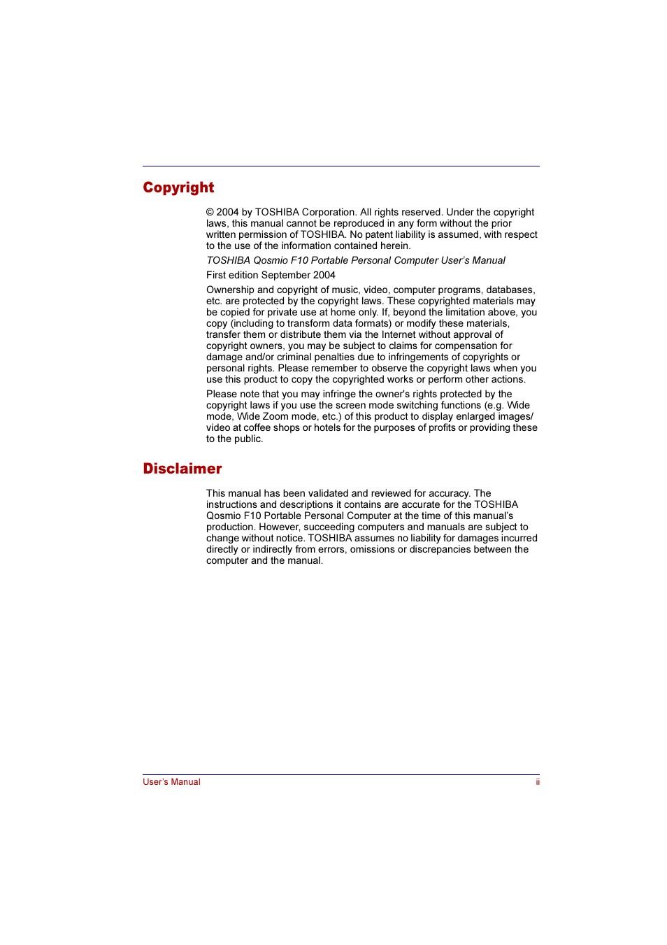Copyright, Disclaimer | Toshiba Qosmio F10 User Manual | Page 2 / 214
