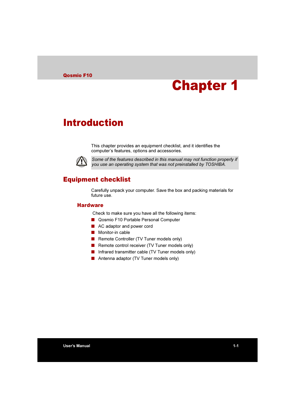 Chapter 1: introduction, Equipment checklist, Hardware | Equipment checklist -1, Hardware -1, Introduction, Chapter 1 | Toshiba Qosmio F10 User Manual | Page 25 / 214