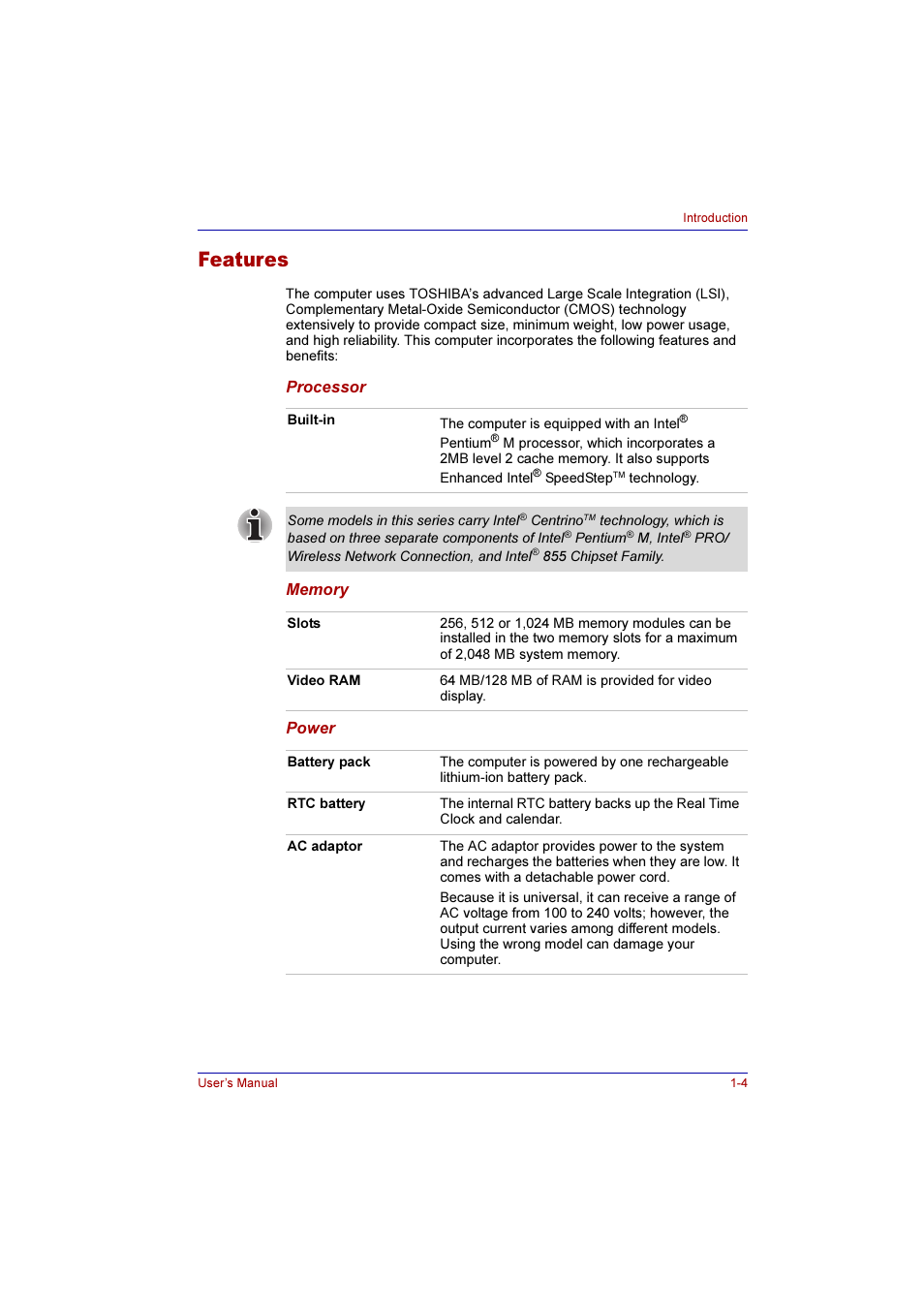 Features, Features -4 | Toshiba Qosmio F10 User Manual | Page 28 / 214