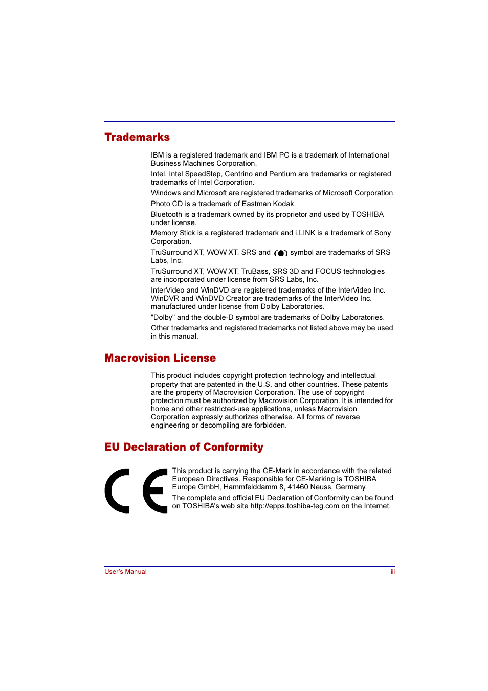 Trademarks, Macrovision license, Eu declaration of conformity | Toshiba Qosmio F10 User Manual | Page 3 / 214