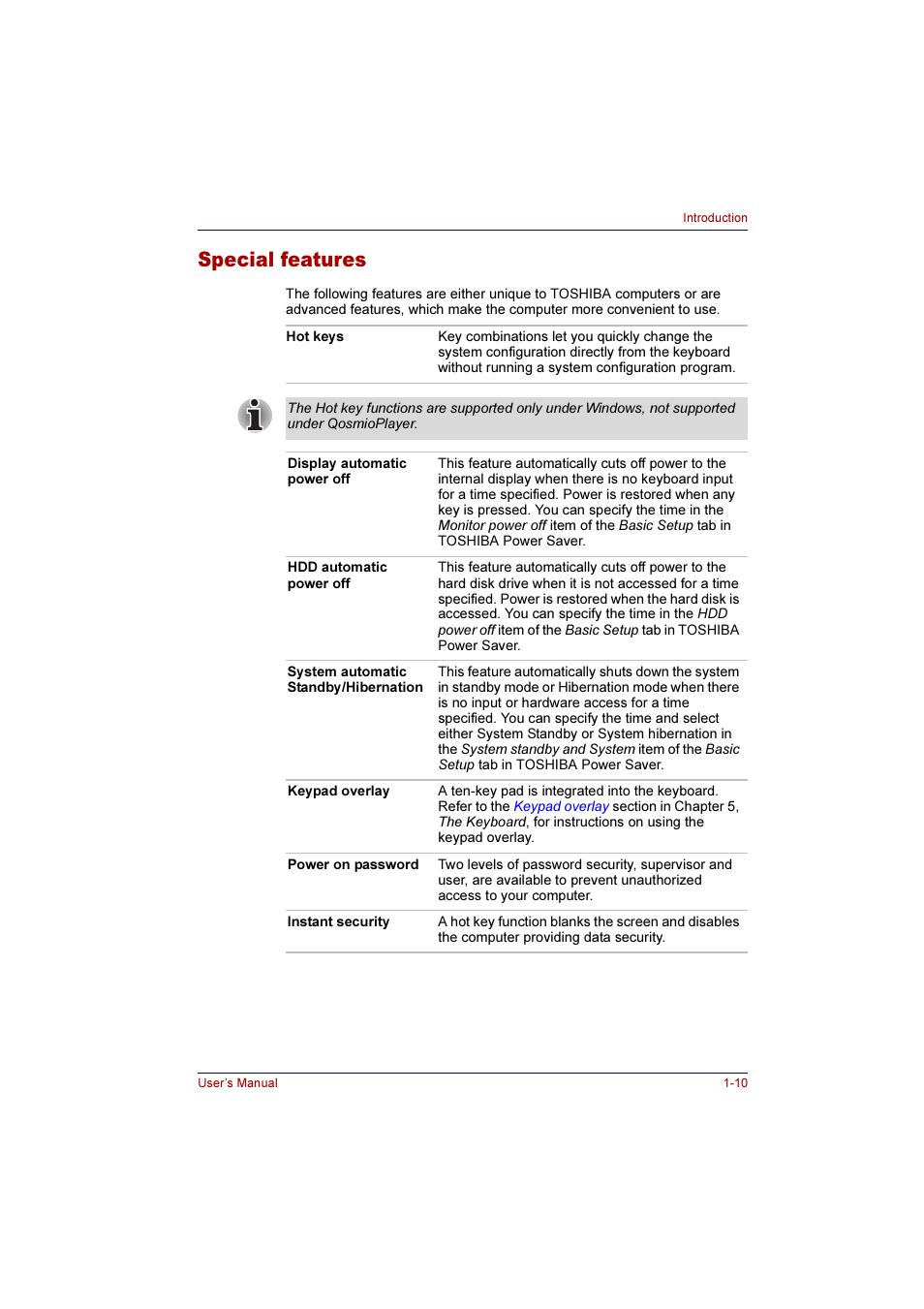 Special features, Special features -10 | Toshiba Qosmio F10 User Manual | Page 34 / 214